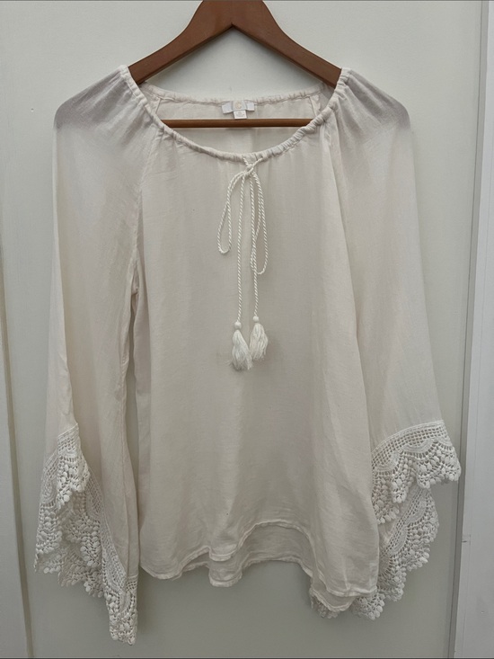 Tops - Boho Lace-Trim Peasant Top - Cream